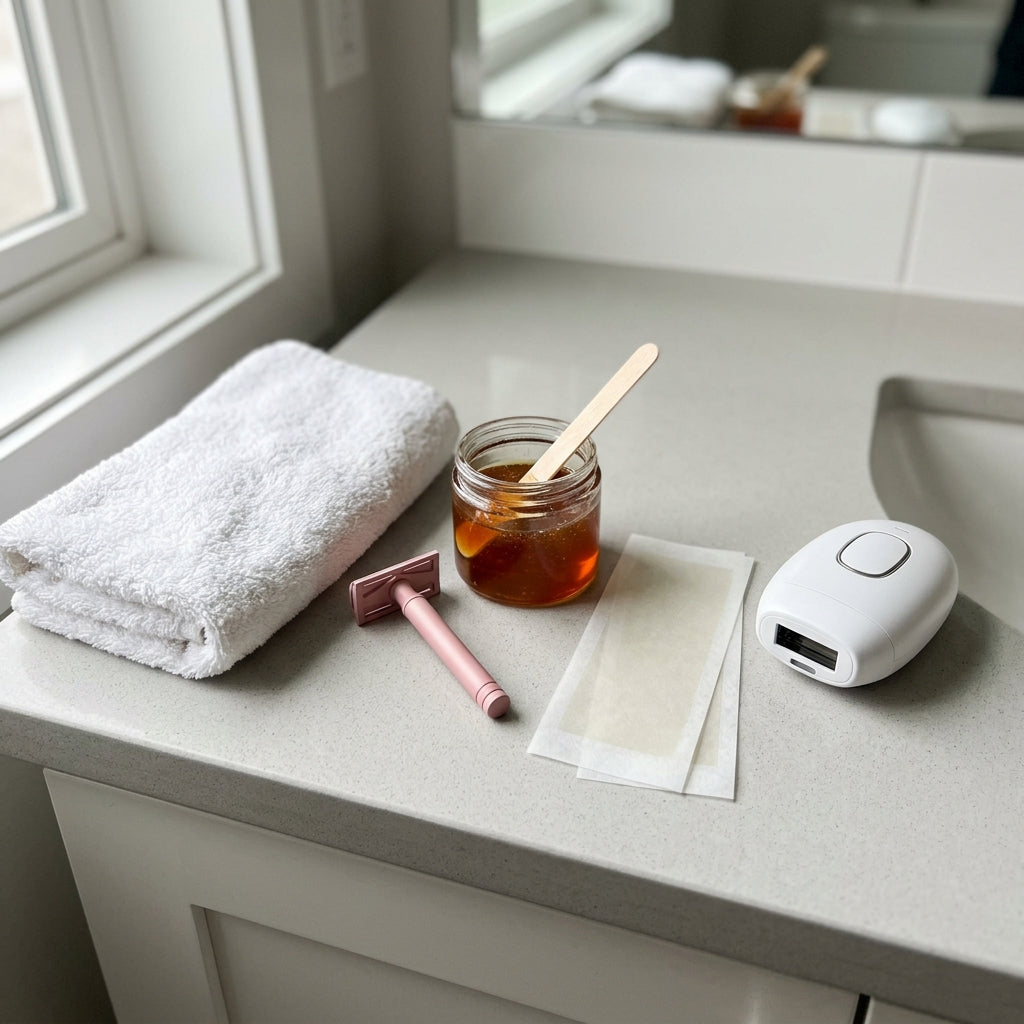 Shaving, waxing, sugaring, and laser symbols beside Lunève serum